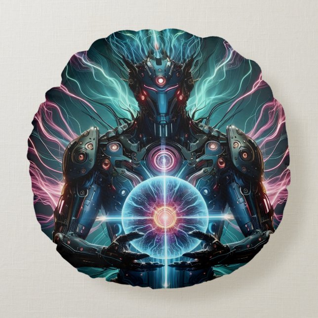 Futuristic Robot Cosmic Core Cyberpunk Round Cushion (Front)