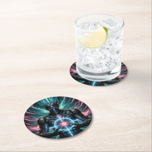 Futuristic Robot Cosmic Core Cyberpunk Round Paper Coaster