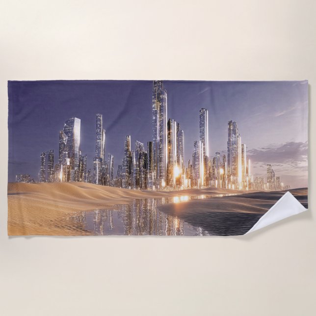 Futuristic Sci-Fi City Reflected In Desert Sands Beach Towel (Front)