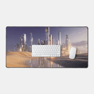 Futuristic Sci-Fi City Reflected In Desert Sands Desk Mat