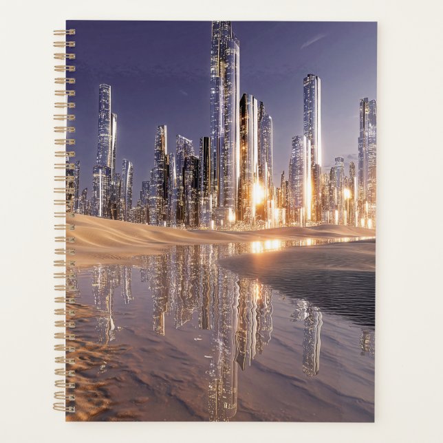 Futuristic Sci-Fi City Reflected In Desert Sands Planner (Front)