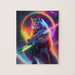 Futuristic Sci-Fi Warrior Neon Cat With Laser. Cat Jigsaw Puzzle