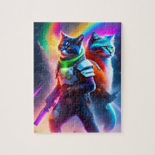 Futuristic Sci-Fi Warrior Neon Cats With Laser Gun Jigsaw Puzzle