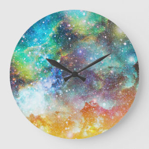 Futuristic space, starry nebula background. large clock