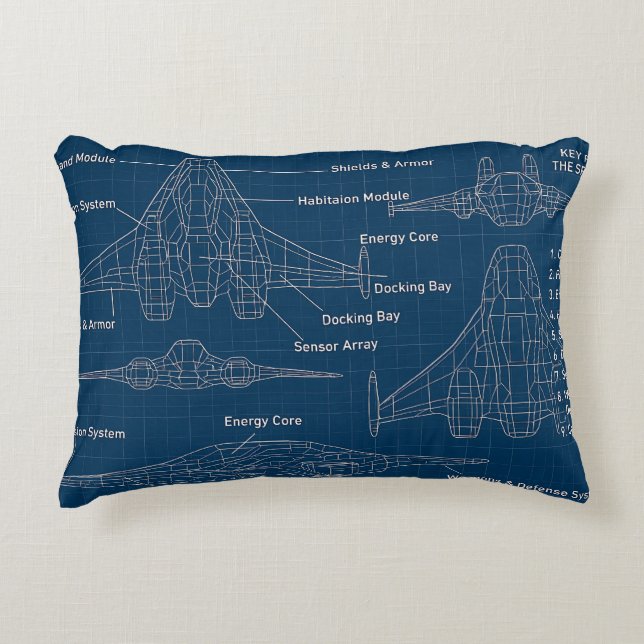 "Futuristic Spacecraft Blueprint Art" Decorative Cushion (Front)