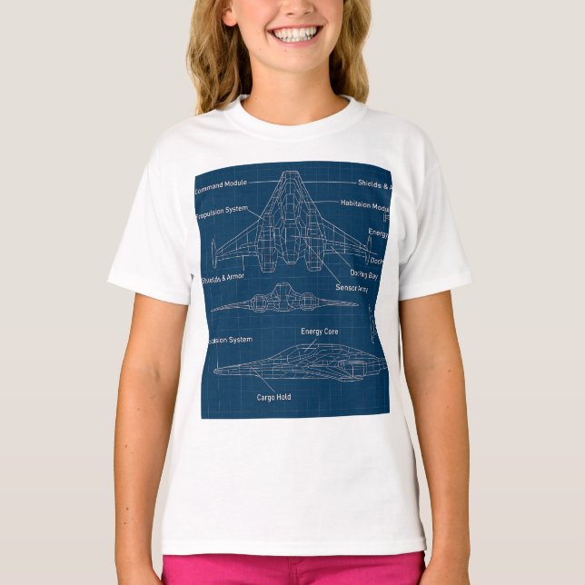 "Futuristic Spacecraft Blueprint Art" T-Shirt (Front)