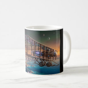 Futuristic Steampunk Biplane Over Alien World Coffee Mug