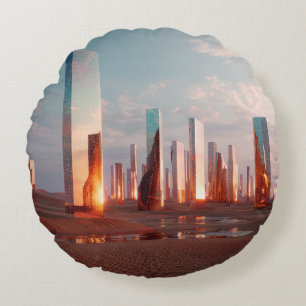 Futuristic Surreal Mirror Towers In Desert Round Cushion