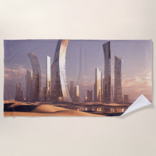 Futuristic Surreal Skyscrapers In Desert Landscape Beach Towel