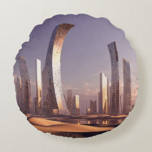 Futuristic Surreal Skyscrapers In Desert Landscape Round Cushion