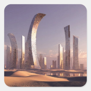 Futuristic Surreal Skyscrapers In Desert Landscape Square Sticker