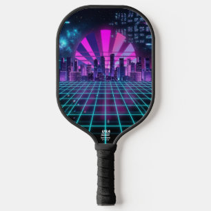 Futuristic Synthwave Cityscape Neon Purple Pickleball Paddle