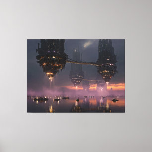 Futuristic towers floating above harbor canvas print