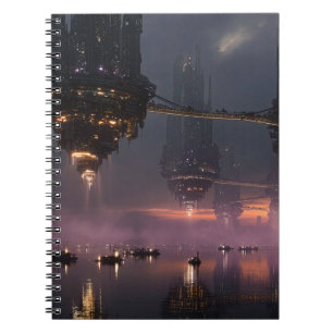 Futuristic towers floating above harbor notebook