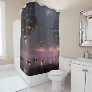 Futuristic towers floating above harbor shower curtain