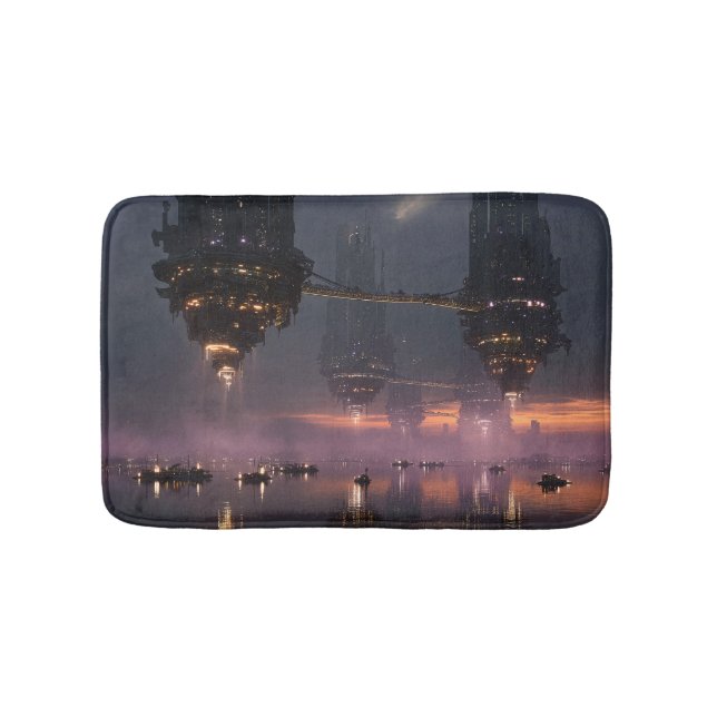 Futuristic towers floating above harbour bath mat (Front)