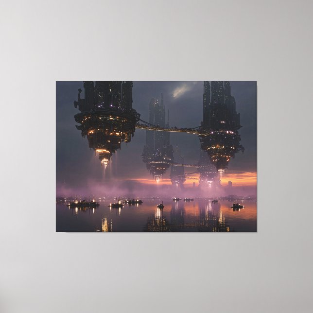 Futuristic towers floating above harbour canvas print (Front)