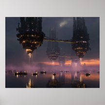 Futuristic towers floating above harbour