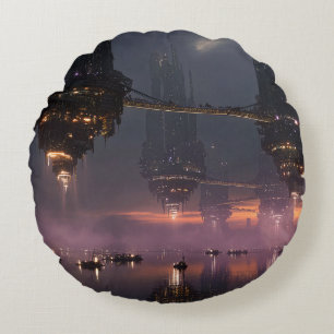 Futuristic towers floating above harbour round cushion