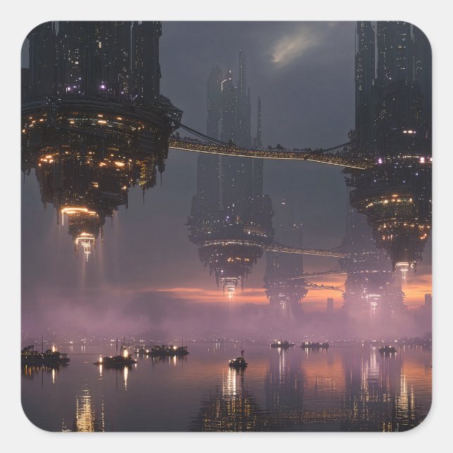 Futuristic towers floating above harbour square sticker (Front)