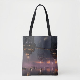 Futuristic towers floating above harbour tote bag