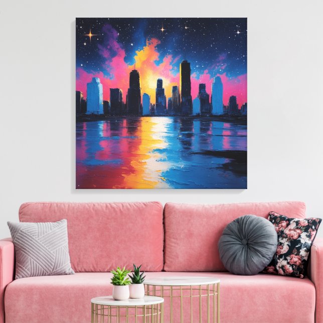 Futuristic Urban Skyline at Sunset Canvas Print  (Insitu(LivingRoom))