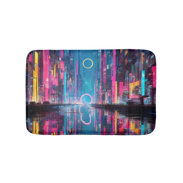 Futuristic Vibrant Neon Night Cityscape Bath Mat (Front)