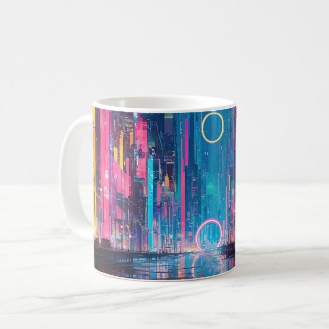 Futuristic Vibrant Neon Night Cityscape Coffee Mug (Front Left)