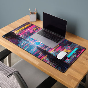 Futuristic Vibrant Neon Night Cityscape Desk Mat
