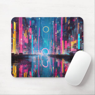 Futuristic Vibrant Neon Night Cityscape Mouse Pad