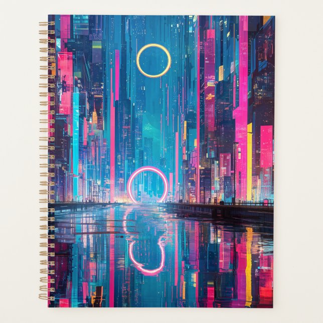 Futuristic Vibrant Neon Night Cityscape Planner (Front)