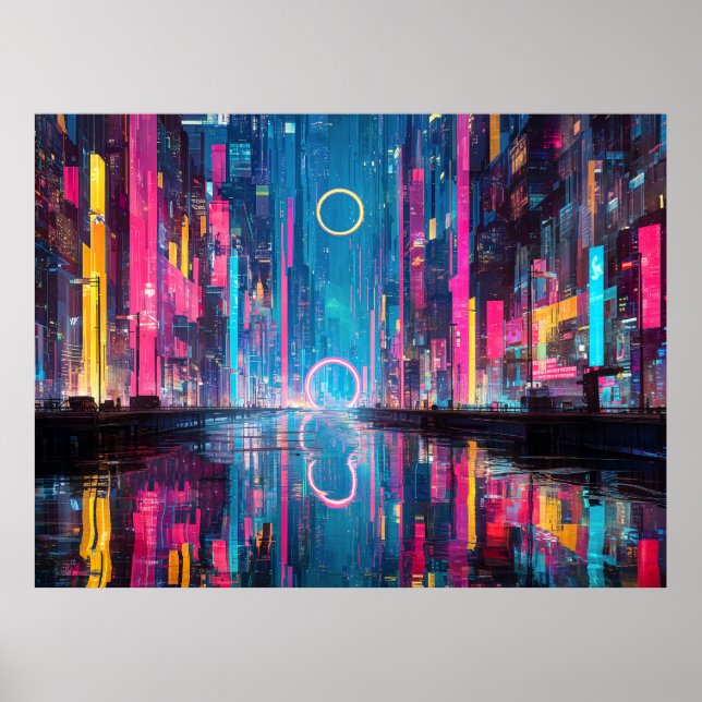 Futuristic Vibrant Neon Night Cityscape Poster (Front)