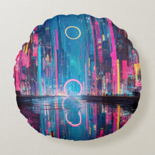 Futuristic Vibrant Neon Night Cityscape Round Cushion