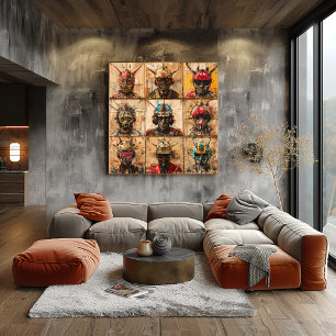 Futuristic Warrior Masks in Graffiti Abstract grid Poster