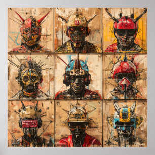 Futuristic Warrior Masks in Graffiti Abstract grid Poster