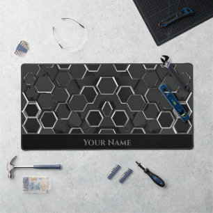 Futuristic white glowing black hexagonal shapes desk mat