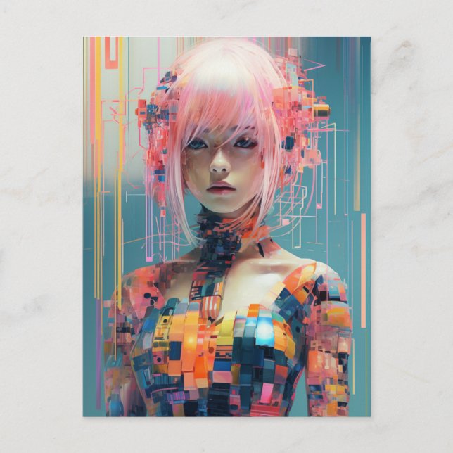 Futuristic Woman With Pink Hair Postcard (Front)