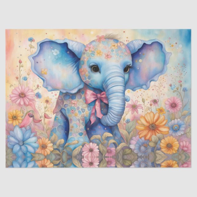 Fuzzy Baby Elephant In a Pastel Daisy Garden Tissue Paper (Front)