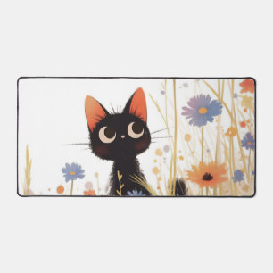 Fuzzy Black Cat Wide Eye Orange Meadow Flower Desk Mat