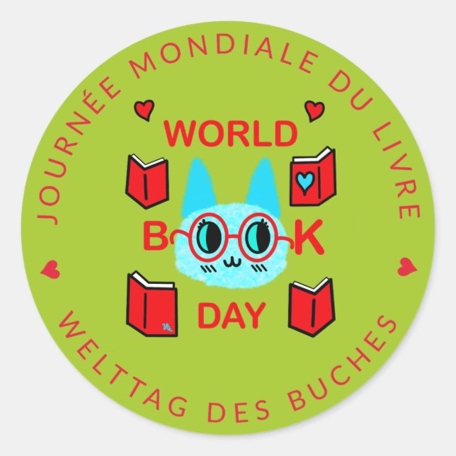 Fuzzy Cat World Book Day Journée Mondiale du Livre Classic Round Sticker (Front)