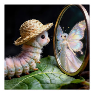 Fuzzy Caterpillar Gazing at a Fairy Butterfly Poster