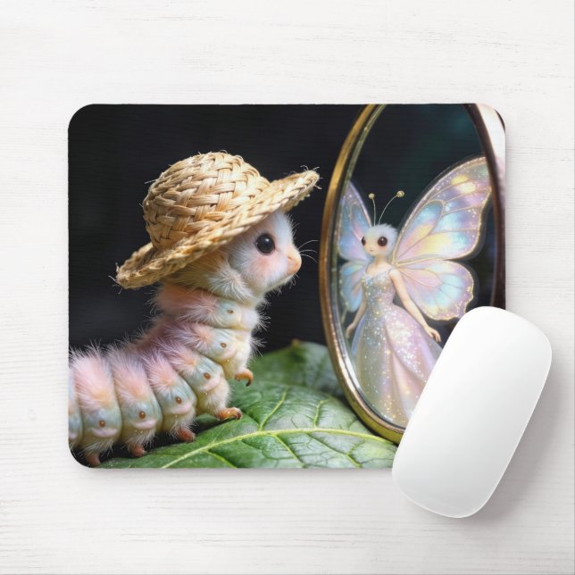 Fuzzy Caterpillar Staring at a Fairy Butterfly Mouse Pad (With Mouse)
