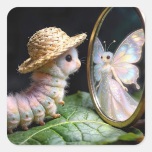 Fuzzy Caterpillar Staring at a Fairy Butterfly Square Sticker