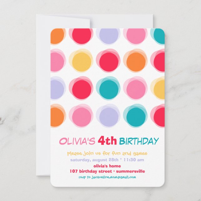 Fuzzy Colourful Cute Dots Kids Girl Birthday Invit Invitation (Front)