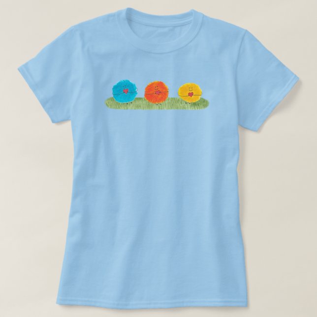 Fuzzy Creatures Holding Hearts T-Shirt (Design Front)