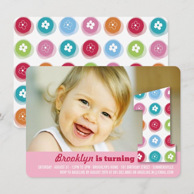 Fuzzy Daisies Colour Dots 1st Birthday Party Photo Invitation (Front/Back)