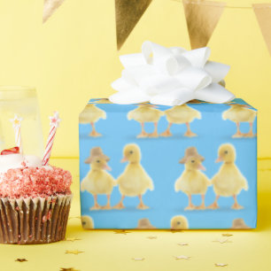 Fuzzy Duckling Couple On Blue Wrapping Paper