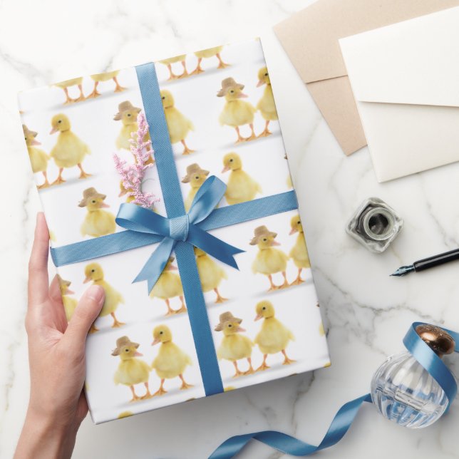 Fuzzy Duckling Couple On White Wrapping Paper (Gifting)