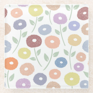 Fuzzy Flower Lg Pattern Pastels on White Glass Coaster