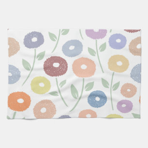 Fuzzy Flower Lg Pattern Pastels on White Tea Towel